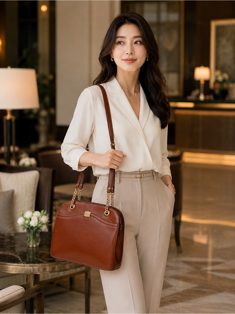Bally Brown Leather Shoulder Bag with Gold Chain Accents